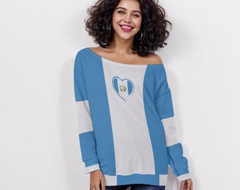 Guatemala Oversized Off-Shoulder Sweatshirt Colors of Guatemalan Flag Personalizable for Color or Text Gift for Lovers of Guatemalan Culture