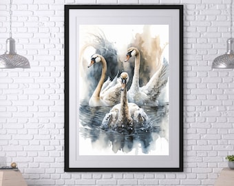 Trumpeter swans watercolor print, swans print, swans watercolor decor, swans poster, swans wall art, lake print, lake animal