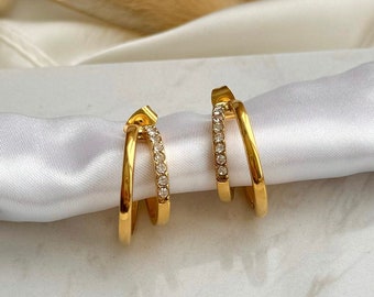 Boucle d'oreille Rosi créole en or 18 carats avec pierres ou perles de zircon scintillantes - sans nickel