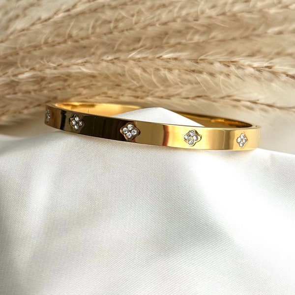 Bracciale rigido Trifoglio scintillante - placcato oro 18 carati con zirconi di alta qualità