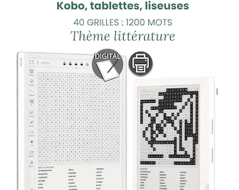 May include: A digital word search puzzle book for Kobo e-readers featuring 40 grids and 1200 words with a literature theme. The display shows a white e-reader screen with a letter grid and a list of words, alongside a printer icon and digital tablet icon.