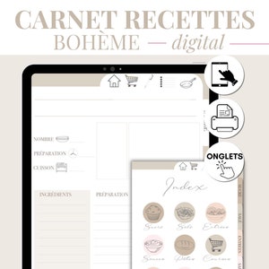 Carnet recettes complet style bohème avec 4 couvertures. Pour utilisation digitale (goodnotes, notability, noteshelf,…) ou à imprimer
