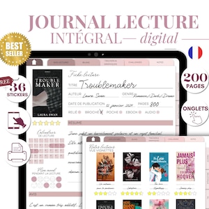 Journal de lecture digital ou à imprimer + 200 pages. Carnet lecture, Fiches lecture, suivis lecture, challenges lecture, trackers / budget
