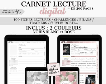 Journal de lecture digital ou à imprimer + 200 pages dispo en 2 couleurs. Fiches lecture / suivis / challenges / trackers / budget