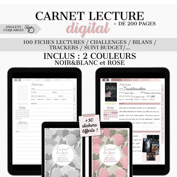 Journal de lecture digital ou à imprimer + 200 pages dispo en 2 couleurs. Fiches lecture / suivis / challenges / trackers / budget