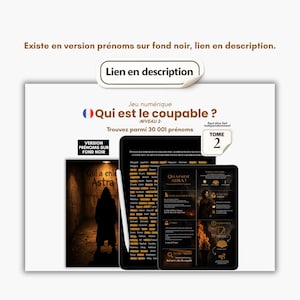 Op de afbeelding: Advertentie voor een digitaal spel "Qui est le coupable?" met boek en tablet. Het boek toont een persoon in een donkere steeg. De tablet toont het spel. Tekst: "Tome 2" en "Vind tussen 30.001 namen."