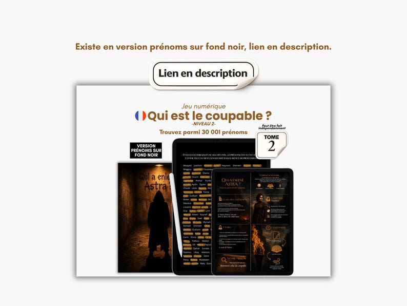 Op de afbeelding: Advertentie voor een digitaal spel "Qui est le coupable?" met boek en tablet. Het boek toont een persoon in een donkere steeg. De tablet toont het spel. Tekst: "Tome 2" en "Vind tussen 30.001 namen."