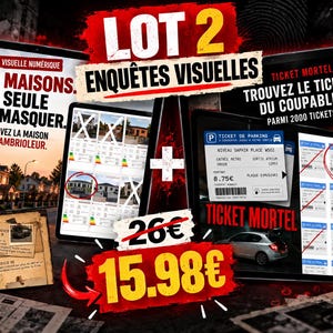 Può includere: Un set di giochi investigativi digitali composto da due misteri interattivi. L'immagine mostra tablet con enigmi di ricerca case, indizi su biglietti di parcheggio e prove. Il testo include LOT 2, ENQUÊTES VISUELLES e TICKET MORTEL.