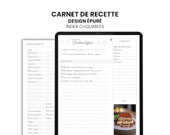 Livre de recette pdf à compléter. Avec index cliquable. À imprimer ou à utilisation digitale. Carnet de recettes à remplir