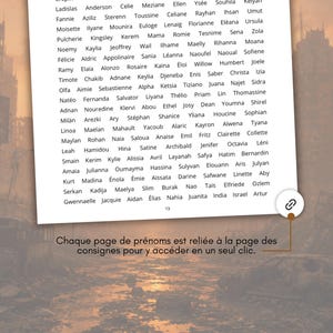 Op de afbeelding: Een pagina met namen in een lijst, met een link-icoon in de hoek. De achtergrond toont een post-apocalyptische stadsgezicht met een nevelige, oranje lucht. Er is ook Franse tekst aanwezig.