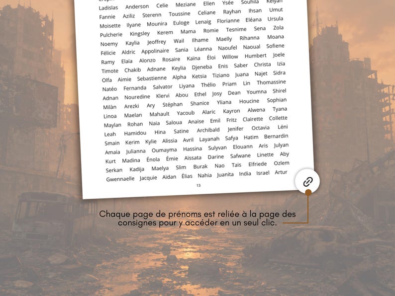 Op de afbeelding: Een pagina met namen in een lijst, met een link-icoon in de hoek. De achtergrond toont een post-apocalyptische stadsgezicht met een nevelige, oranje lucht. Er is ook Franse tekst aanwezig.