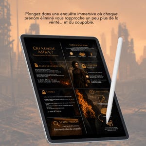 Op de afbeelding: Een zwarte tablet met een game-interface met Franse tekst, waaronder "Qui a enlev&eacute; Astra?" en "Votre Mission". Een witte stylus zweeft boven het scherm. De achtergrond toont een vage, post-apocalyptische stadsgezicht.