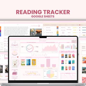 Può includere: Un tracker di lettura digitale visualizzato sullo schermo di un laptop. L'interfaccia è rosa chiaro e bianca, con copertine di libri, grafici e il testo "Reading Tracker Google Sheets". Le parole "Funny Story" e "Emily Henry" sono visibili.