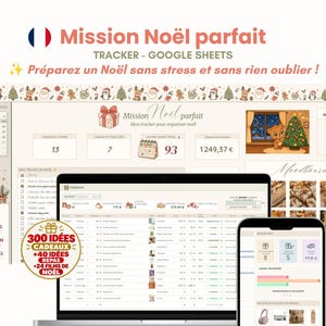 Peut inclure: Un outil de suivi numérique pour Noël affiché sur un écran d'ordinateur portable et un smartphone. L'interface comprend un calendrier, des listes de cadeaux, un suivi budgétaire et des graphismes festifs avec un ours et un sapin.