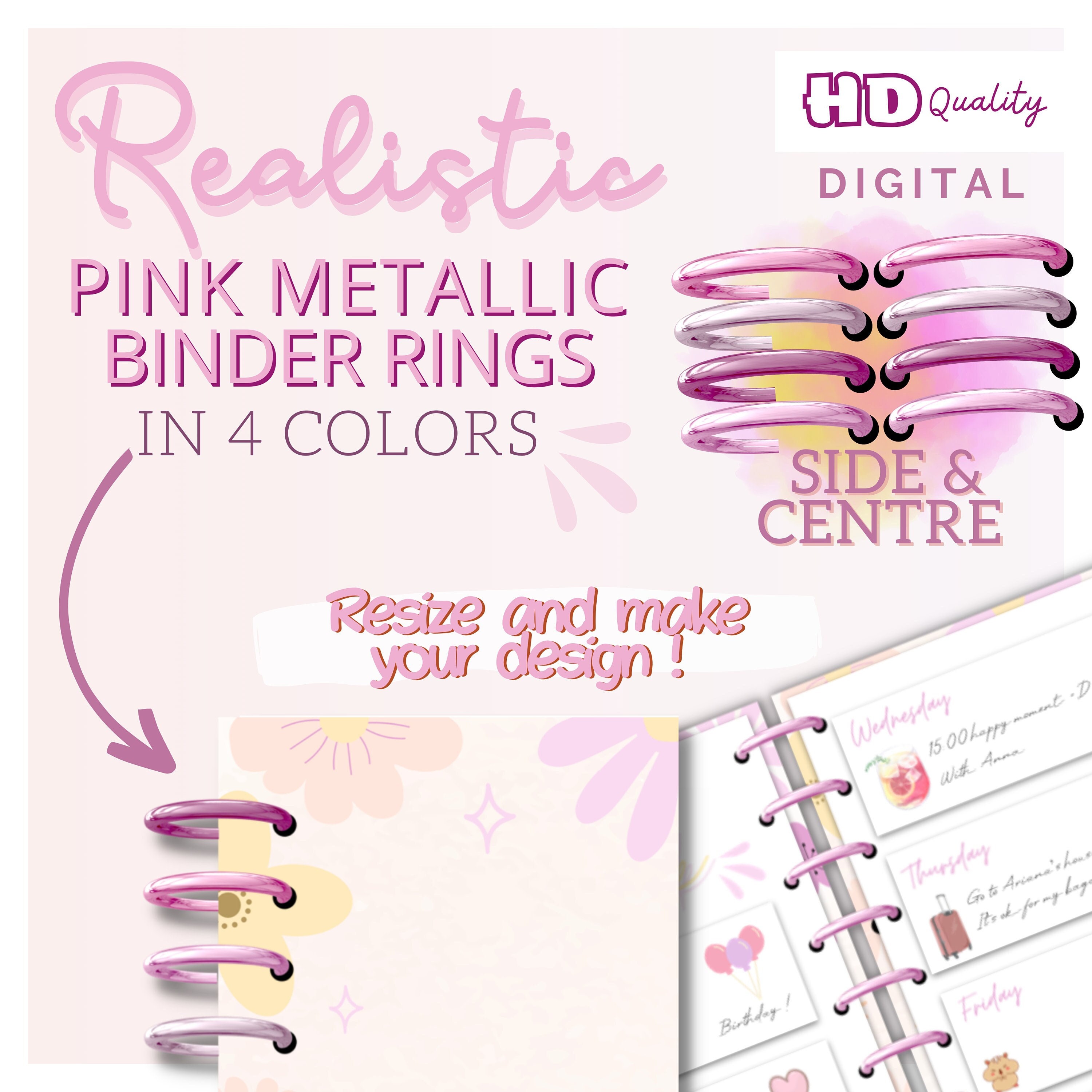Rose Binder rings digital Planner / 8 types of spirals - binder rings