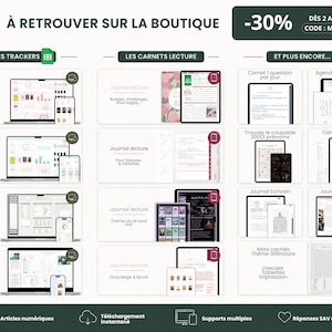 Op de afbeelding: Promotieafbeelding met digitale trackers en journals, weergegeven op laptops, tablets en smartphones. De afbeelding toont leestrackers, budgettrackers en interactieve agenda's. De tekst bevat "&Agrave; RETROUVER SUR LA BOUTIQUE" en een kortingsaanbieding van "-30%" met een code.