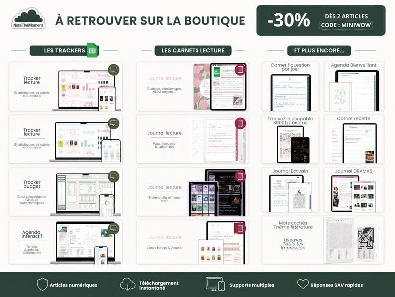 Op de afbeelding: Promotieafbeelding met digitale trackers en journals, weergegeven op laptops, tablets en smartphones. De afbeelding toont leestrackers, budgettrackers en interactieve agenda's. De tekst bevat "&Agrave; RETROUVER SUR LA BOUTIQUE" en een kortingsaanbieding van "-30%" met een code.