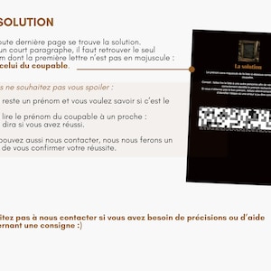 Op de afbeelding: Een presentatie met Franse tekst, getiteld "LA SOLUTION". De tekst beschrijft een puzzel, waarbij de lezer een naam op de laatste pagina moet vinden. Een zwarte rechthoek met een QR-code is ook aanwezig.