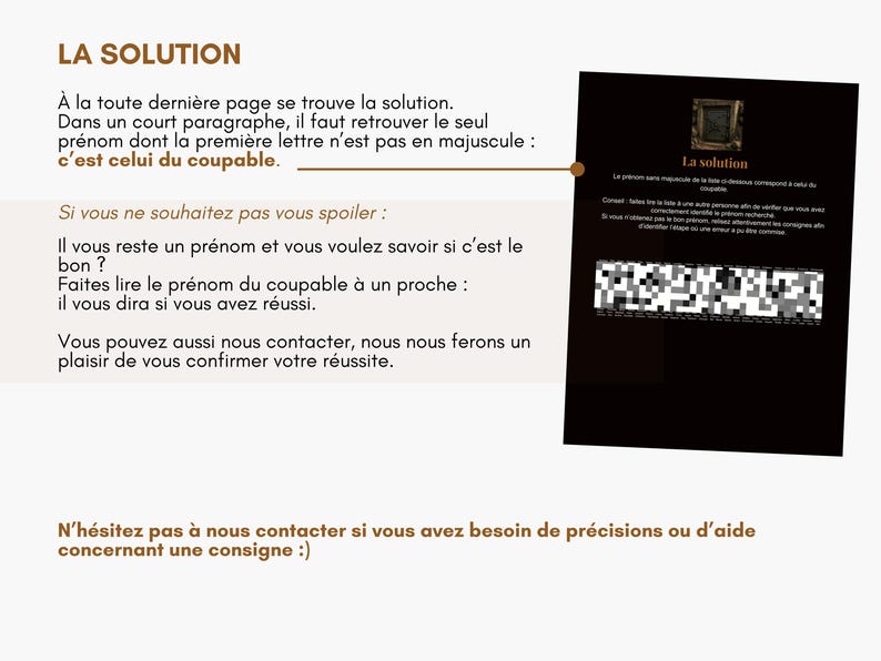 Op de afbeelding: Een presentatie met Franse tekst, getiteld "LA SOLUTION". De tekst beschrijft een puzzel, waarbij de lezer een naam op de laatste pagina moet vinden. Een zwarte rechthoek met een QR-code is ook aanwezig.