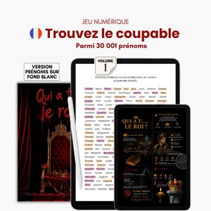 Puede incluir: Interfaz de juego digital con el texto "Encuentra al culpable" en francés. La imagen muestra una tableta y un libro con el texto "¿Quién tiene al rey?" y un lápiz óptico. El juego presenta 30.001 nombres.