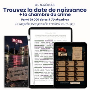 Può includere: Un gioco di mistero digitale con un tablet che mostra un elenco di date e un secondo tablet che mostra una scena di motel con indizi. Il testo recita: JEU NUMÉRIQUE, Trouvez la date de naissance + la chambre du crime, Parmi 28 000 dates & 70 chambres.