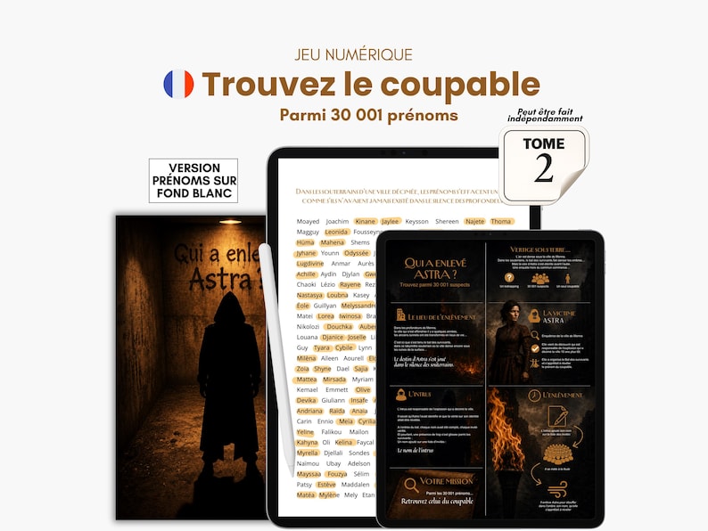 Op de afbeelding: Advertentie voor een digitaal spel met de titel "Trouvez le coupable" (Vind de schuldige) en de ondertitel "Parmi 30 001 pr&eacute;noms" (Onder 30.001 namen). De afbeelding toont een tablet, een boek en een telefoon met spelinhoud. De boekomslag toont een donkere figuur.