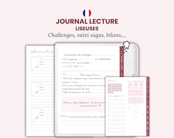 May include: A digital reading journal planner with a light pink color scheme, featuring multiple page layouts for tracking book titles, genres, reading dates, star ratings, and written reviews, including tabbed navigation and a cursor icon.