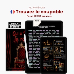 Op de afbeelding: Digitale game-interface met de tekst "Trouvez le coupable" (Vind de dader) in het Frans. De game heeft een zwarte achtergrond met namen, een boek en een tablet met speld details. Een stylus is ook zichtbaar.