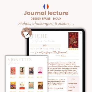 May include: A digital reading journal displayed on a tablet screen featuring a book review template with a book cover image, star ratings, and text fields. A smaller overlay shows a grid of book cover thumbnails with star ratings for tracking.