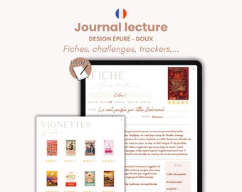 May include: A digital reading journal displayed on a tablet screen, featuring a book review template with fields for title, genre, and rating. A separate overlay shows a grid of book cover thumbnails with star ratings for tracking reading progress.