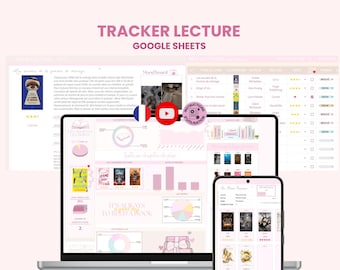 May include: A digital reading tracker template for Google Sheets displayed on a laptop and smartphone screen. The interface features a soft pink color palette with various charts, book cover thumbnails, star ratings, and the text Tracker Lecture.