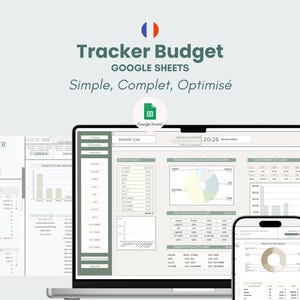 Peut inclure: Un modèle de suivi budgétaire numérique pour Google Sheets affiché sur un écran d'ordinateur portable et de smartphone. L'interface présente une palette de couleurs claires avec des accents vert sauge, incluant des graphiques et des tableaux.