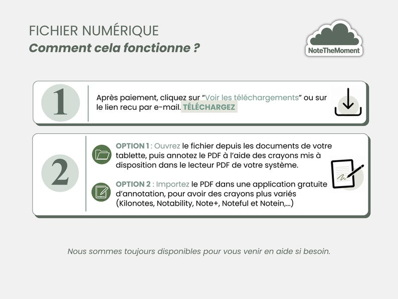 Op de afbeelding: Een digitale bestandsgids met de titel 'Hoe werkt het?' in het Frans. De gids legt uit hoe het bestand na aankoop te openen, door het te downloaden of te importeren in een annotatie-app. Het NoteTheMoment-logo is zichtbaar.