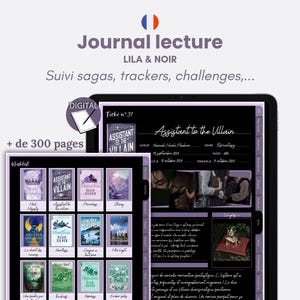 Könnte beinhalten: Digitales Lesetagebuch mit dem Titel "Journal lecture" und dem Untertitel "LILA & NOIR". Das Bild zeigt ein Tablet und ein Telefon mit Buchcovern und Text. Der Text enthält "Assistant to the Villain" und "+ de 300 pages".