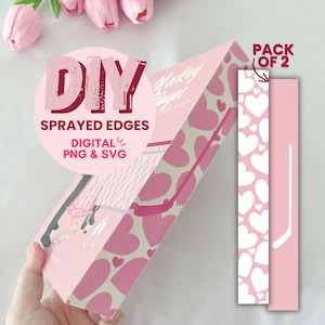 May include: DIY sprayed edges digital download for a hockey shower invitation. The design features a couple in roller skates with hearts and a hockey stick. The download includes two pink and white striped borders with white hearts.
