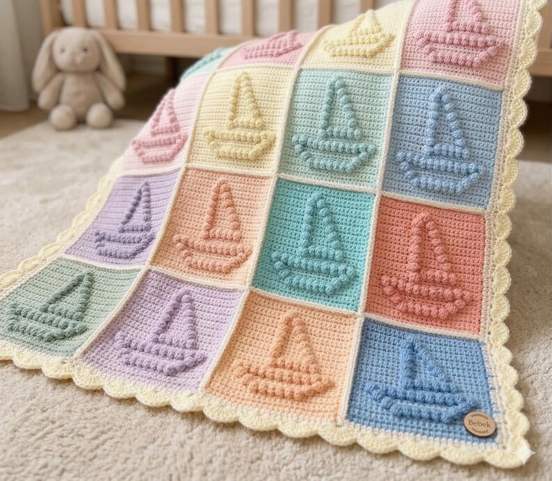 Crochet Sailboat Baby Blanket Pattern, Nautical Popcorn Stitch PDF (US ...