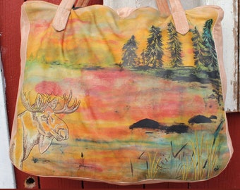 Moose Weekender XLBag Shopper Sweden leather bag, shoulder bag, shopping bag, travel bag, business travel, real leather, hand-painted, embroidered