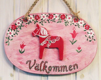 Welcome door sign Sweden Scandinavian Välkommen wooden sign