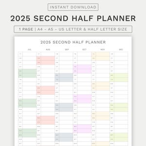 Planificador del segundo semestre de 2025, planificador imprimible, calendario 2025, planificador de pared, calendario de planificación anual, calendario digital 2025, calendario imprimible