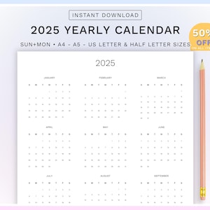 Printable 2025 yearly calendar | Minimalist Calendar | 2025 Yearly Planner | Calendar 2025 PDF | Digital Planner | Instant Download