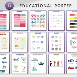15 poster educativi, decorazioni per la scuola domestica e la sala giochi, decorazioni per l'aula Montessori, poster educativi per la cameretta dei bambini, poster per l'apprendimento prescolare
