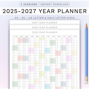 2025-2027 Yearly Planner: Printable 3-Year Calendar, Instant Download (A4, A5, Letter Sizes)