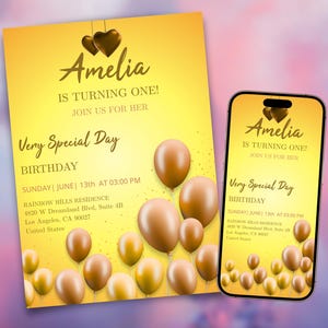 Convite de aniversário editável, convite de aniversário com balões amarelos, convite de aniversário para impressão, cartão de aniversário digital, dia muito especial