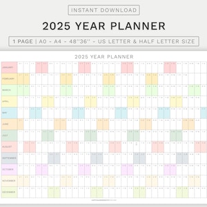 Planificador anual 2025 imprimible, Planificador imprimible, Calendario 2025, Planificador de pared, Calendario de planificación anual 2025, Calendario digital, Póster de calendario