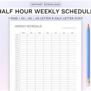 Half Hour Weekly Schedule | Weekly To Do List | Weekly planner printable | Schedule organizer | Hourly schedule | Instant download