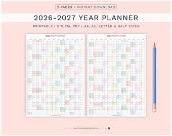 Planejador anual 2026–2027, calendário de parede para imprimir, visão geral do ano, download instantâneo, planejador anual grande, calendário anual minimalista