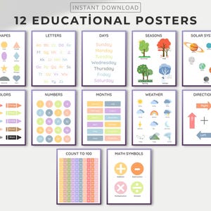 12 Educational Posters, Homeschool and Playroom Decor, Montessori Classroom Decor, Kids Room Educational Posters, Preschool Learning Posters