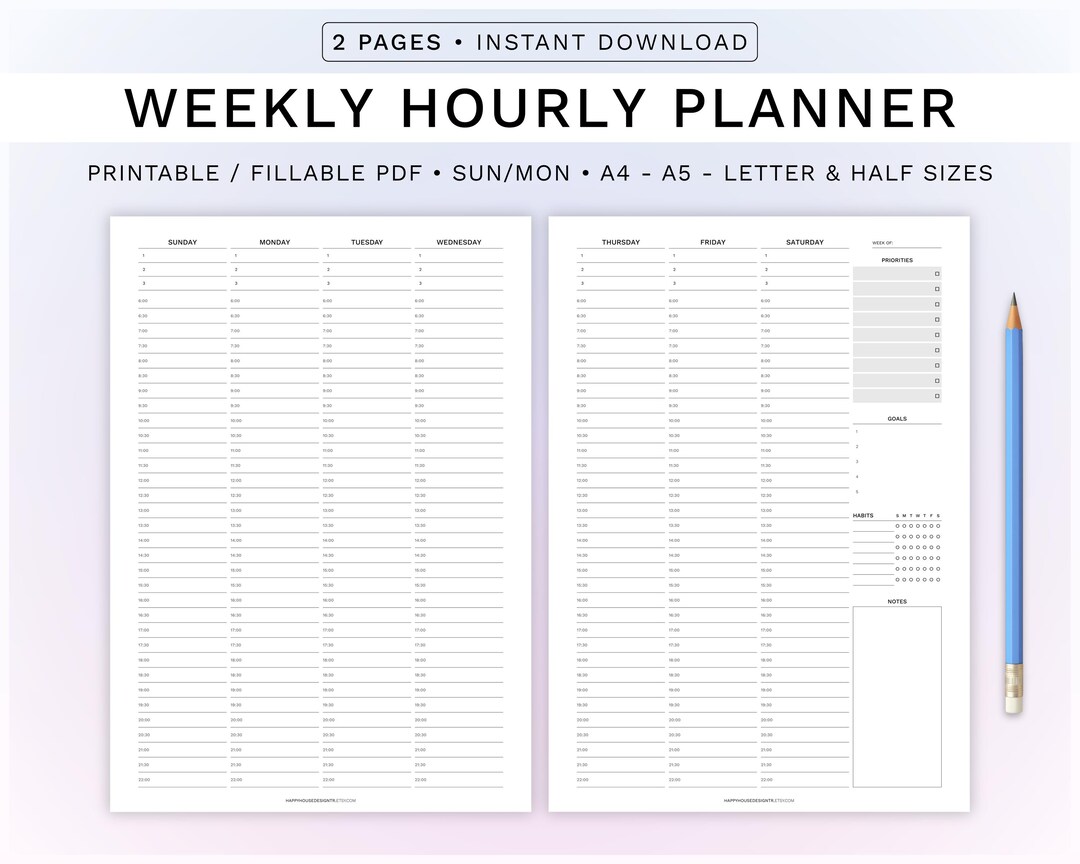Weekly Hourly Planner: Daily to Do List, Half Hour Schedule (instant ...