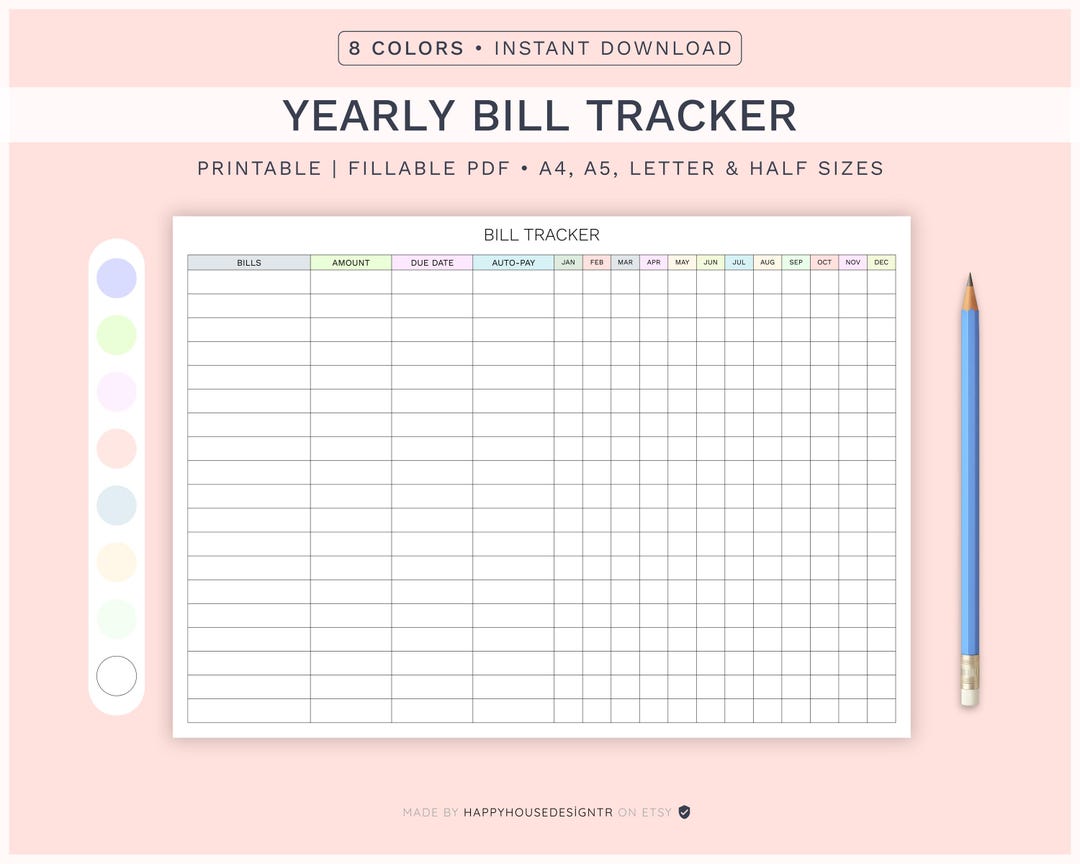 Yearly Bill Payment Tracker: Printable Expense Sheet (digital Download ...