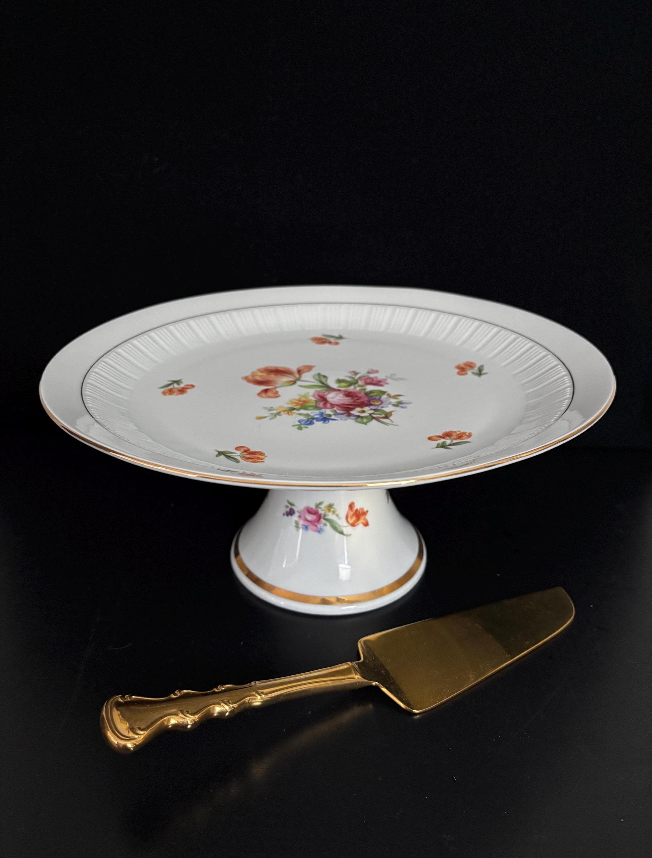 Vintage Graf Von Henneberg Porcelain Cake Pedestal, Floral, Gold